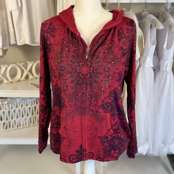 Live and Let Live Sweaters - Live & Let Live Womens Sz L Red Abstract Floral Print Zip Up Hoodie Sweater#3434